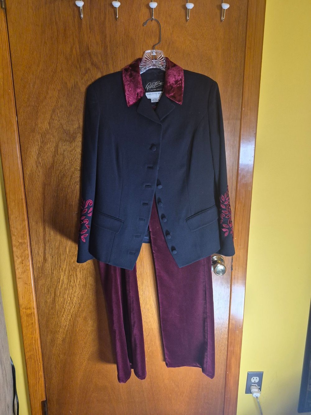 Saks 5th Ave Rickie Freeman Black Jacket with Burgundy Velvet Trim & Pants